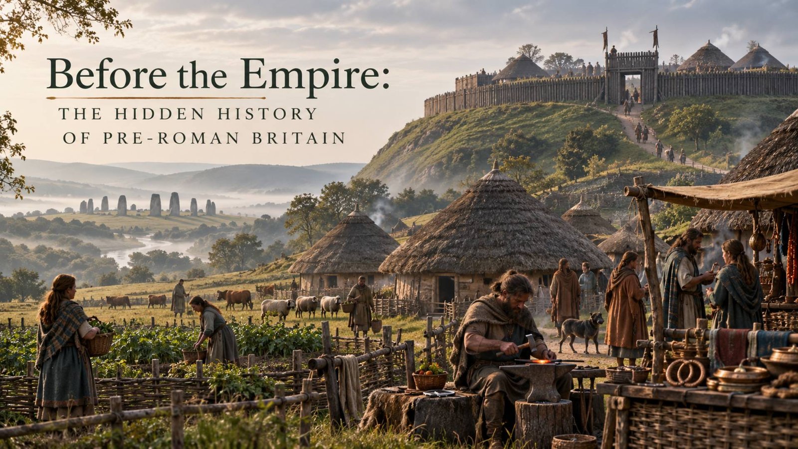 Reconstruction of an Iron Age settlement in pre-Roman Britain with a hillfort, roundhouses and tribal inhabitants
